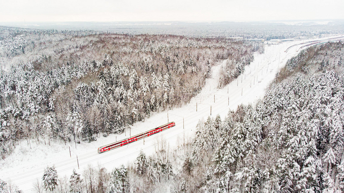 Vista de pájaro de un tren en una zona forestal cubierta de nieve.