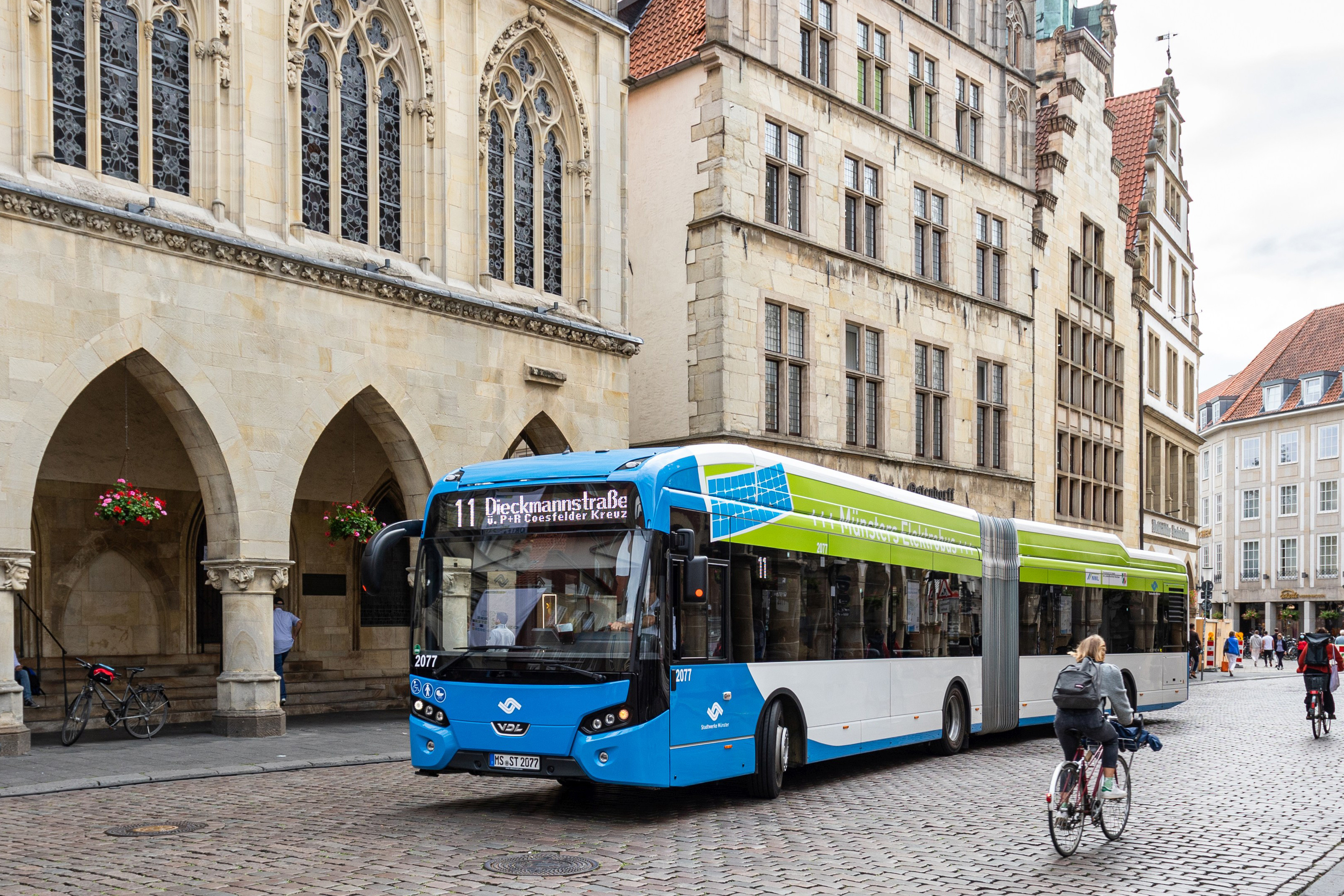 Ein Linienbus fährt vor dem Rathaus in Münster entlang