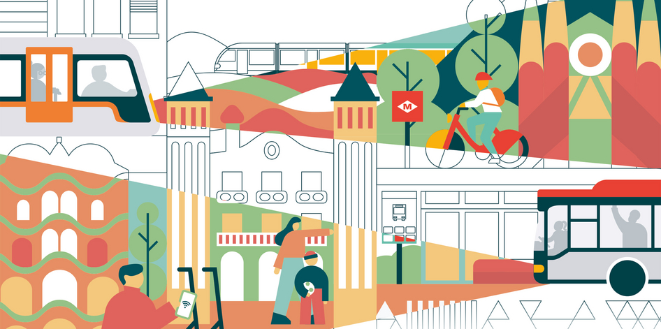 Ilustración de lugares emblemáticos de la ciudad de Barcelona y vehículos de transporte público