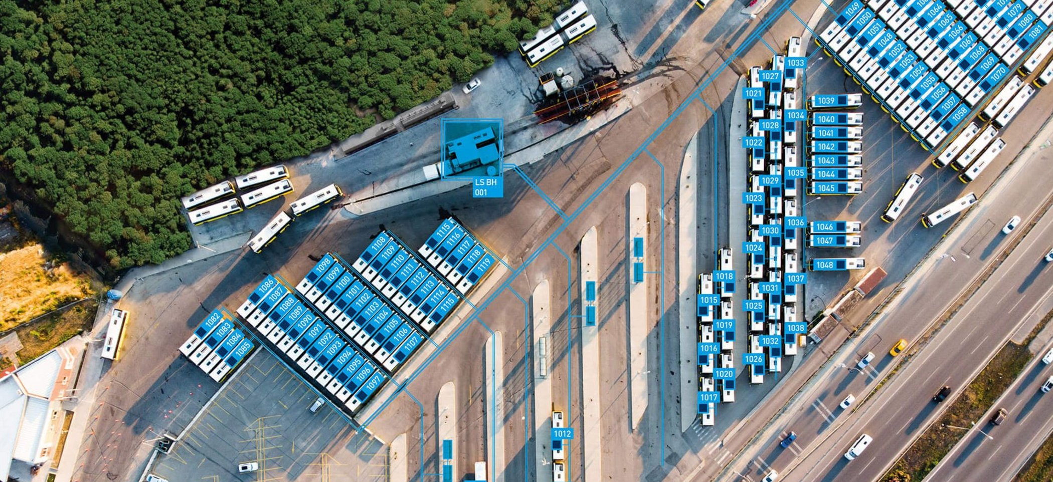 Depósito con autobuses aparcados desde la vista aérea